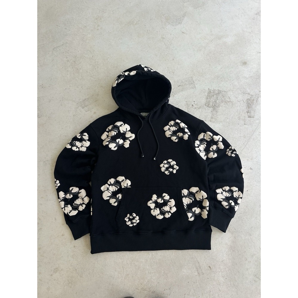 DENIM TEARS Flower Graphic Black Hoodie Pullover Sweatshirt Size M